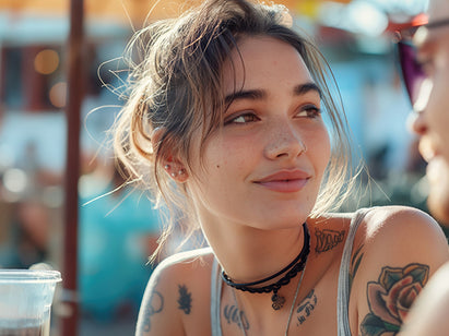 Woman with tattoos in the sun