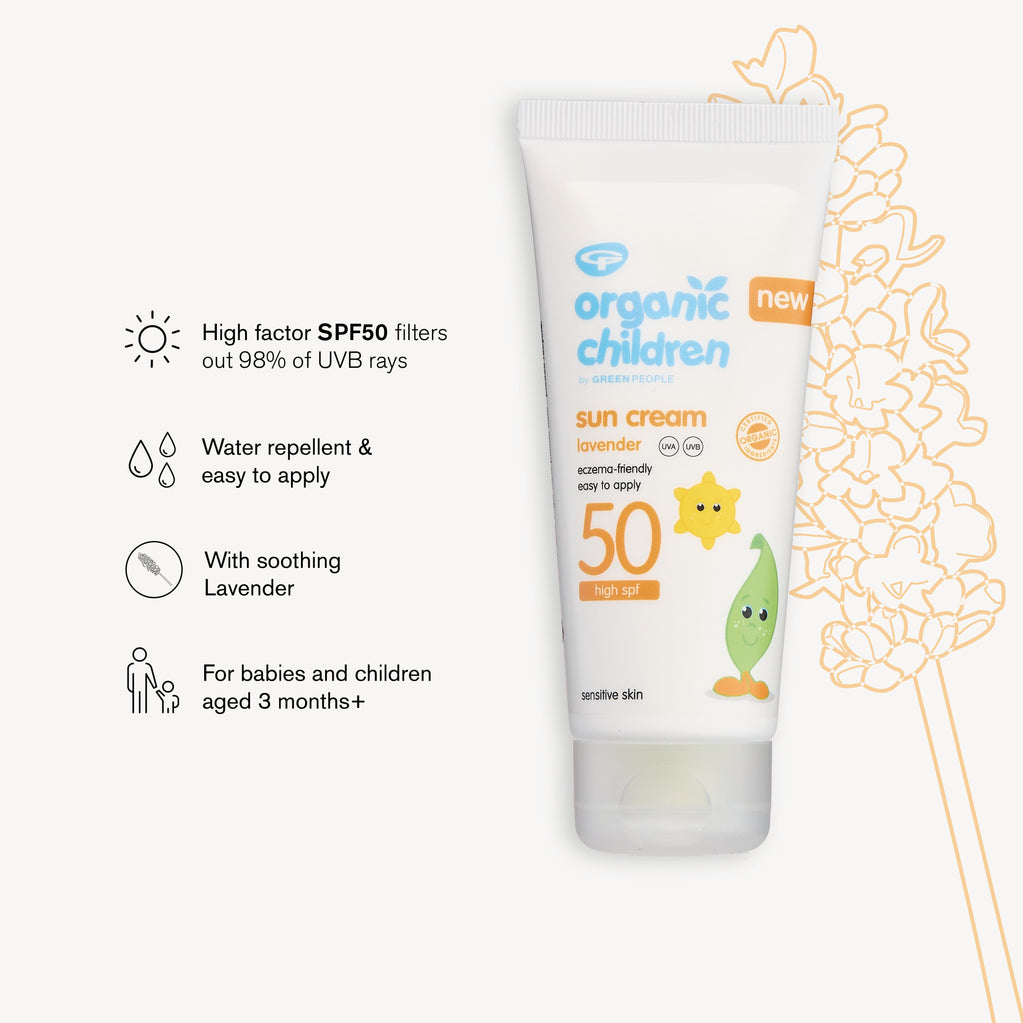 Organic Children Lavender Sun Cream SPF50 tube with product information