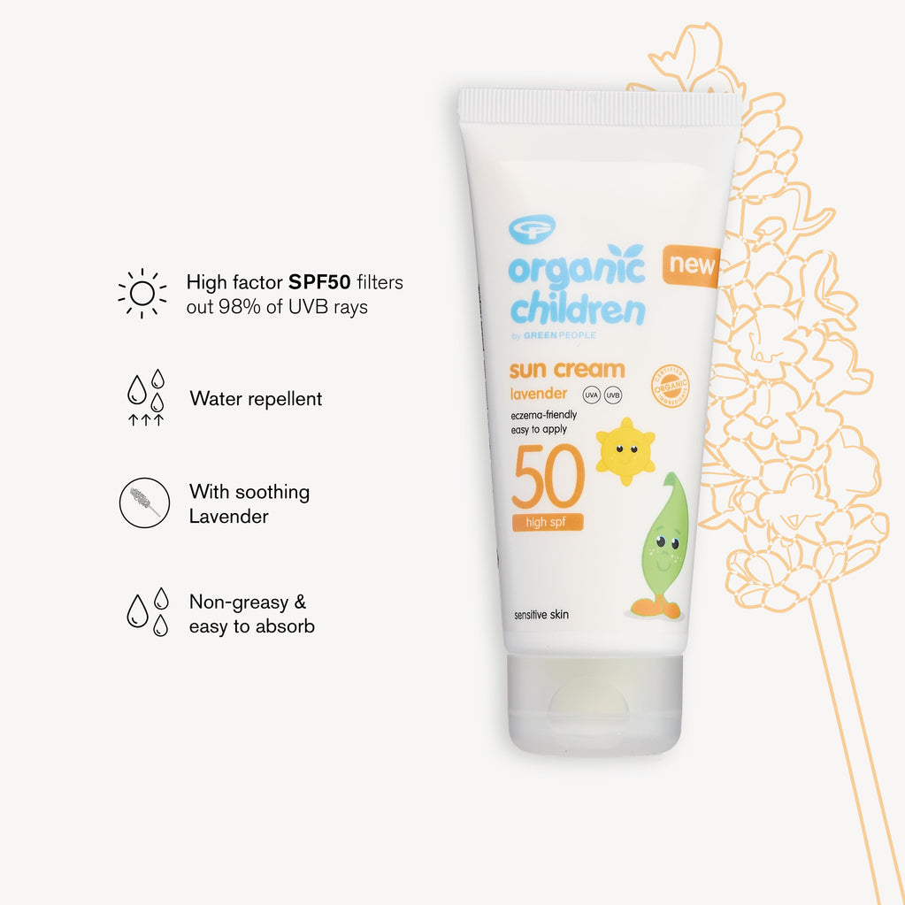 Organic Children Lavender Sun Cream SPF50 tube with product information