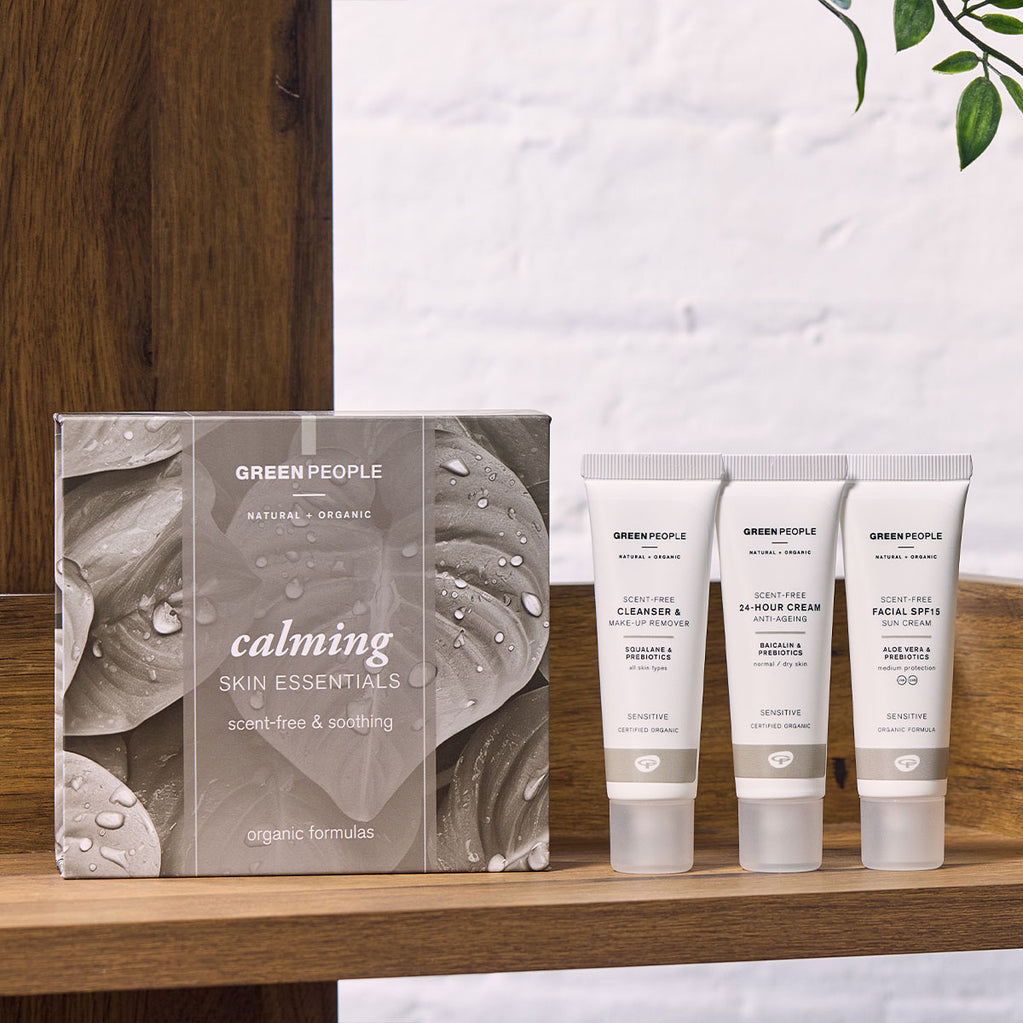 Calming Skin Essentials set containing three skin products