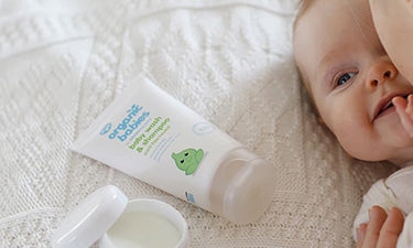 banner featuring baby with shampoo for cradle cap