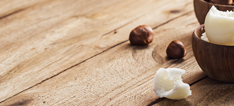 banner for make-up for dry skin featuring shea butter and nuts